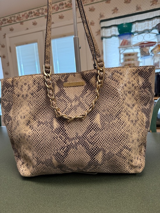 Michael Kors Handbags - Michael Kors Beige and Brown Snake-Print Tote with Gold Chain